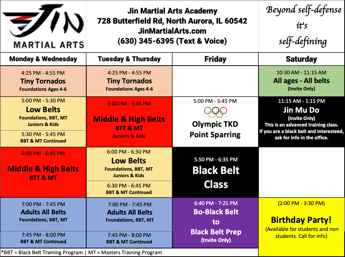 Jin Martial Arts Class Schedule